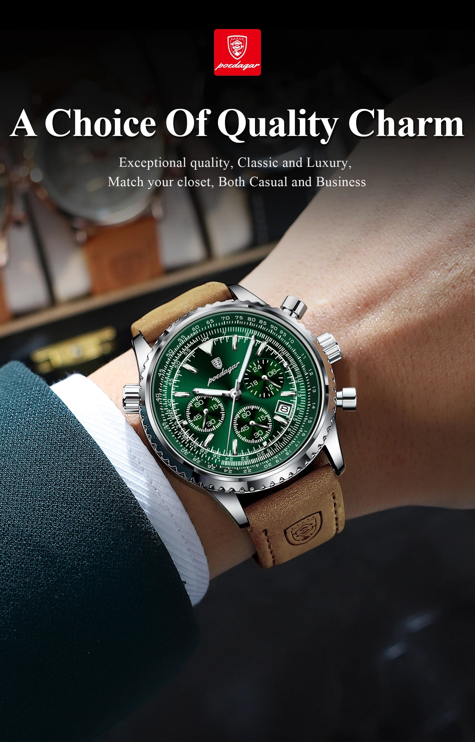 POEDAGAR Luxury Man Watch Quartz Waterproof Luminous Date Chronograph Leather