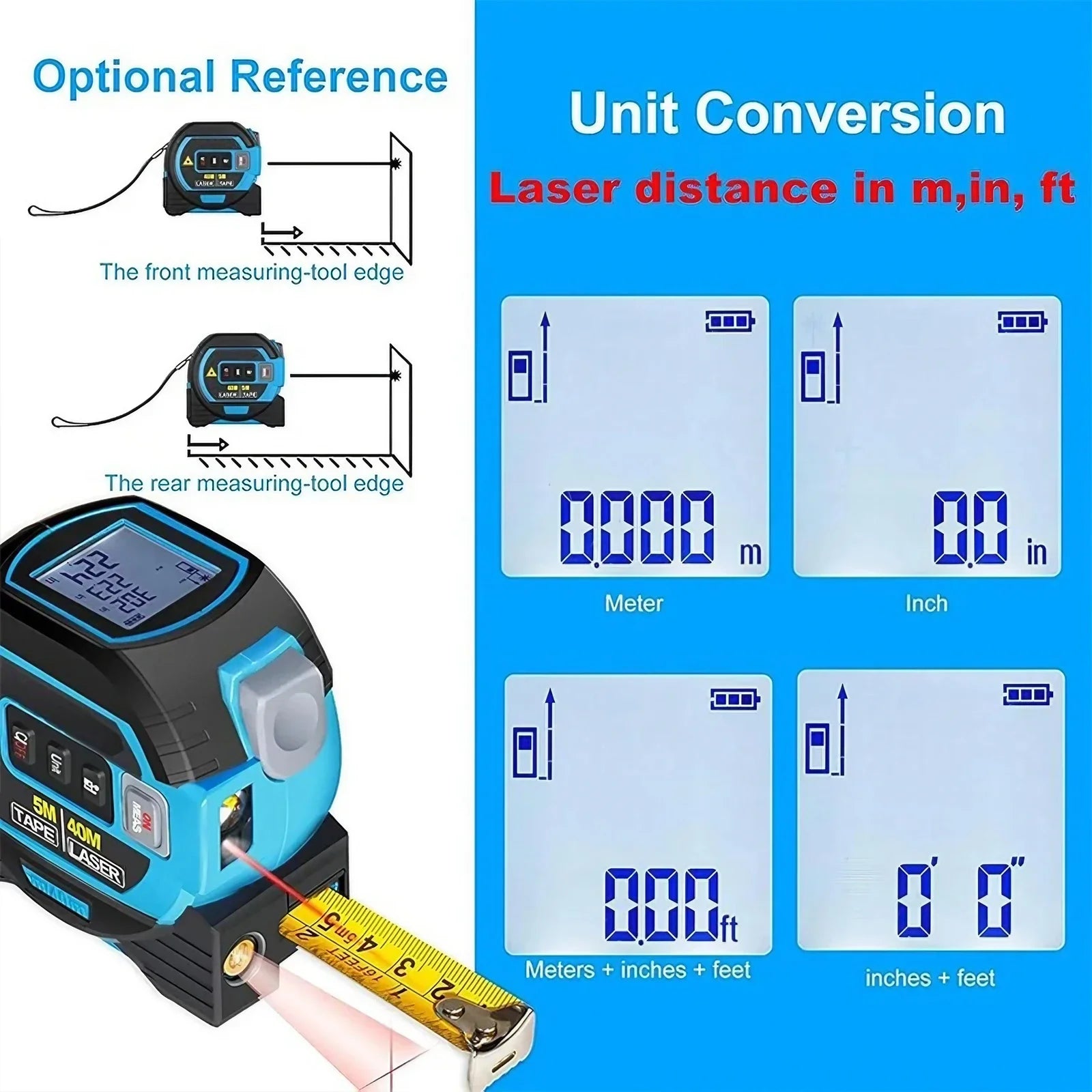 40/60M 3-in-1 Laser Tape Measure Meters Infrared Laser Distance Measuring Smart Energy Ruler High Precision Measuring Instrument