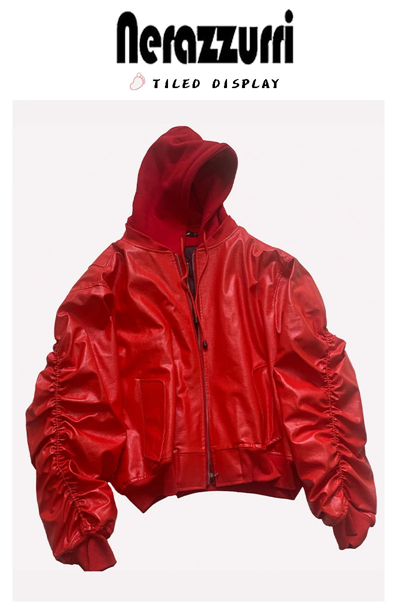 Mauroicardi Autumn Winter Oversized Cool Black Thickened Warm Pu Leather Bomber Jacket