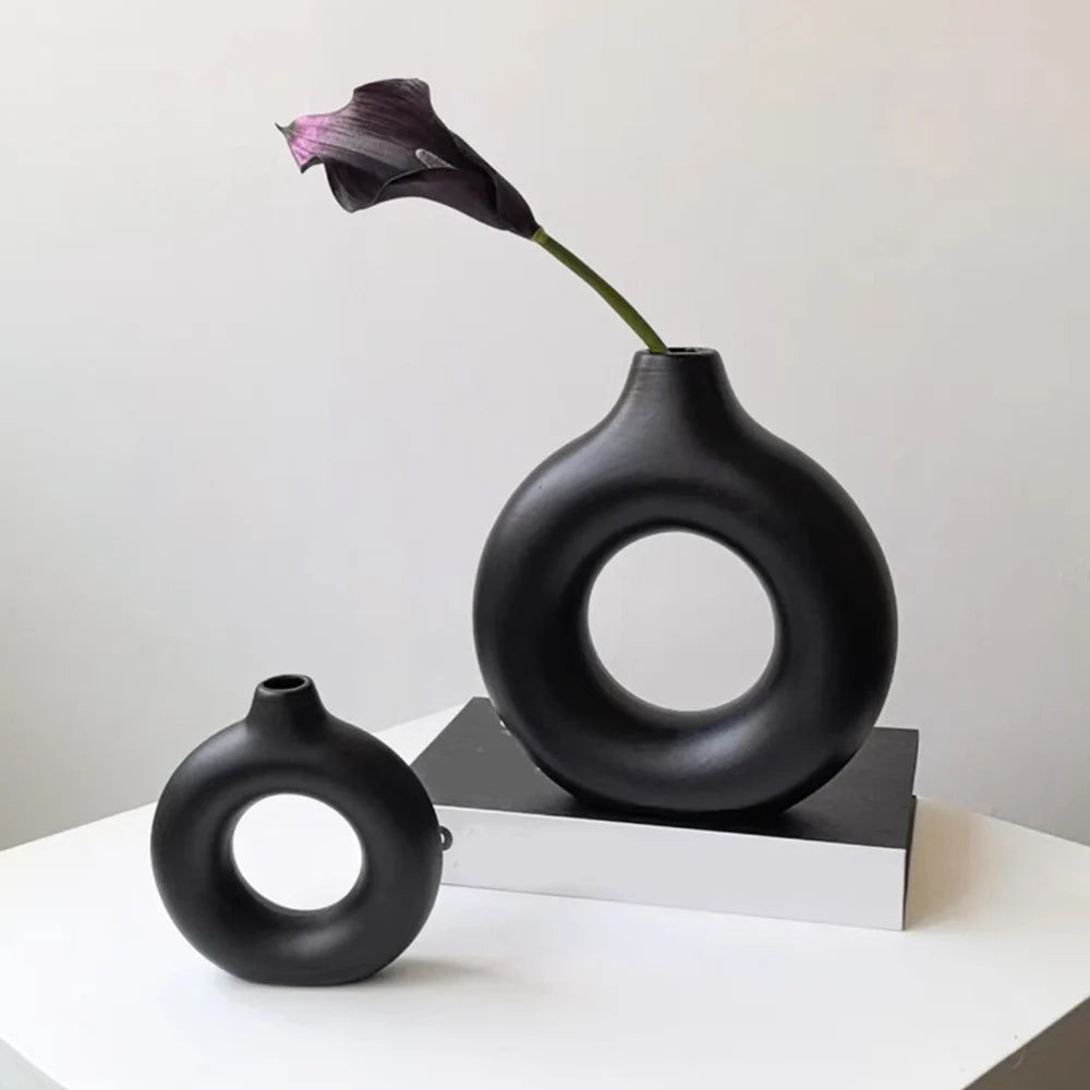 Donut Shape Flower Vase Oval Hollow Black Vases Fashion Home Living Room