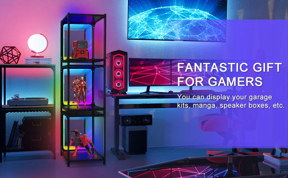 Storage Cabinet with LED Borderless Mirror Light, RGBW Display Cabinet, Adjustable Color Temperature