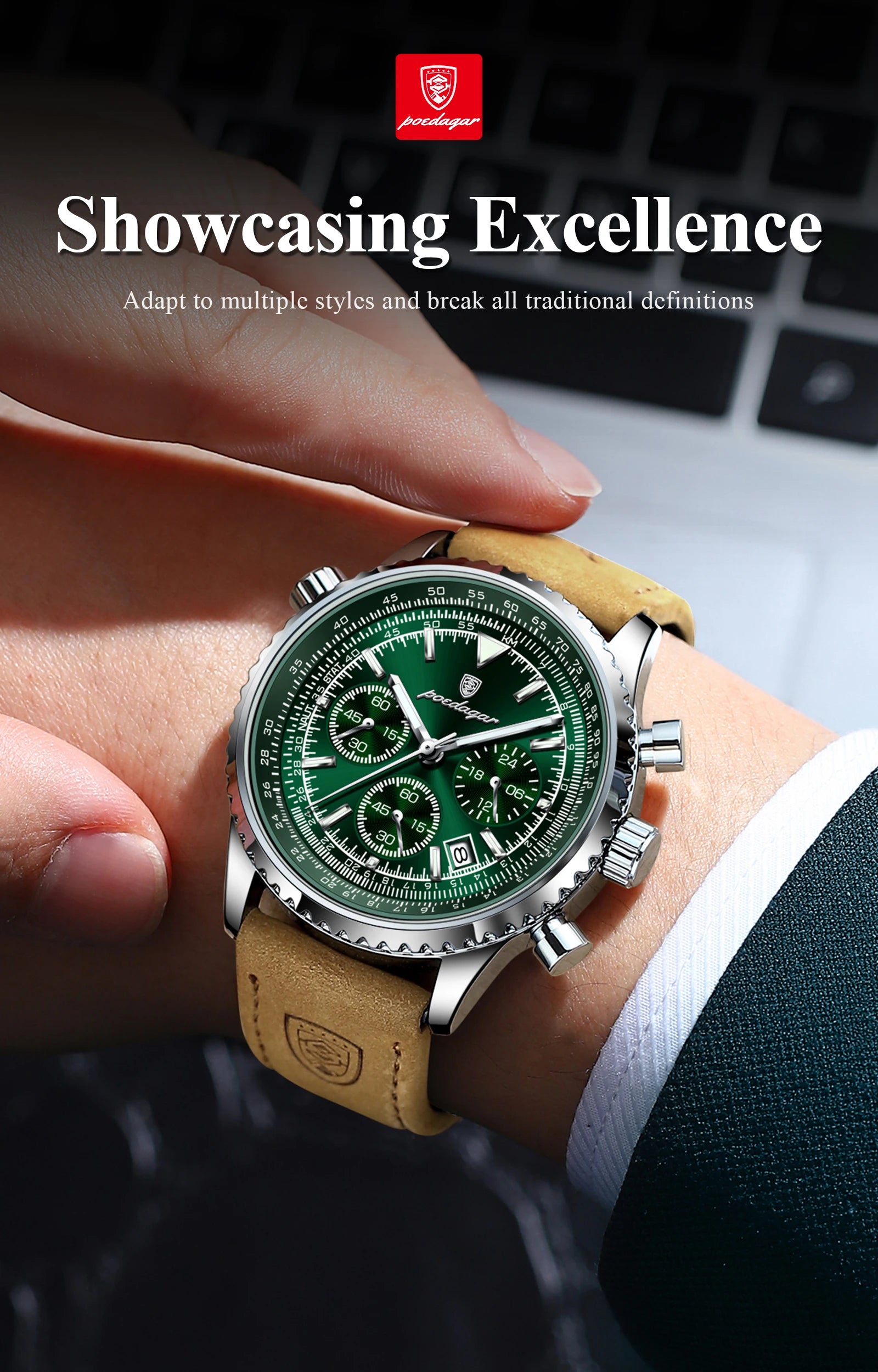 POEDAGAR Luxury Man Watch Quartz Waterproof Luminous Date Chronograph Leather