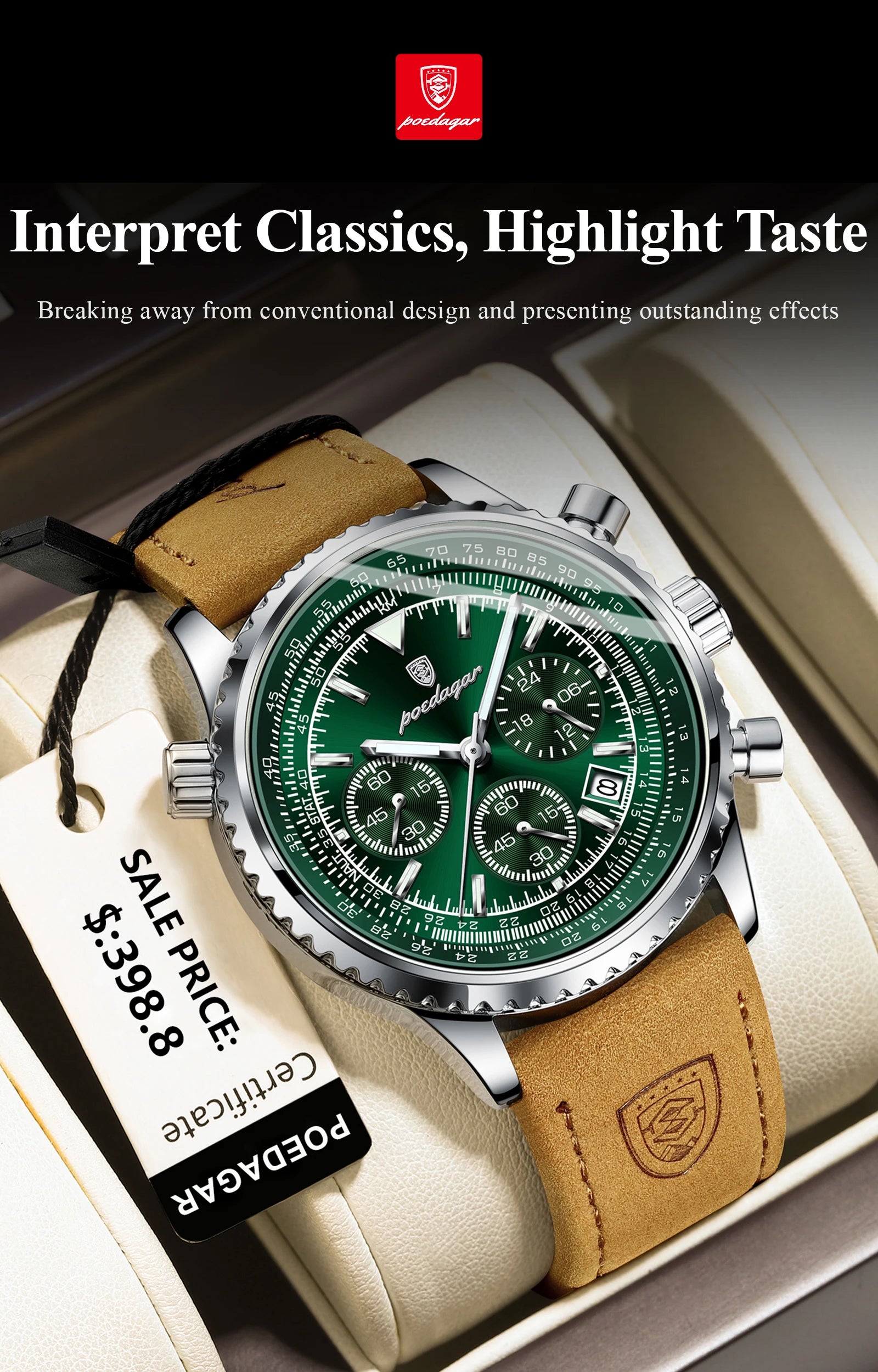 POEDAGAR Luxury Man Watch Quartz Waterproof Luminous Date Chronograph Leather