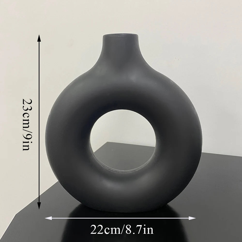 Donut Shape Flower Vase Oval Hollow Black Vases Fashion Home Living Room