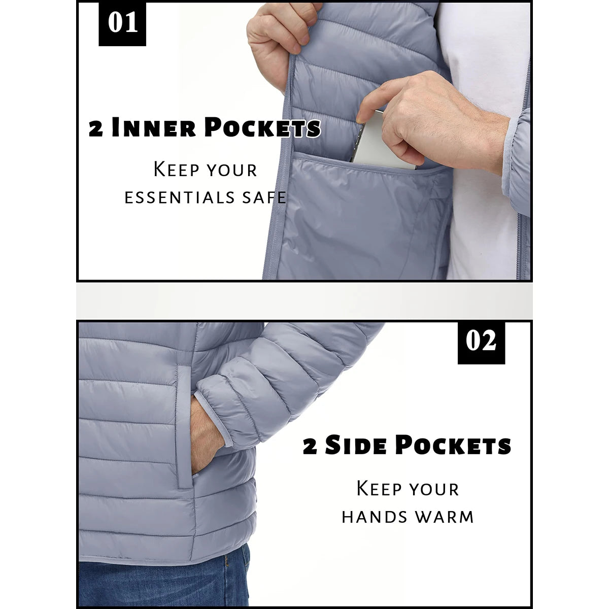 TACVASEN Men's Lightweight Puffer Jacket Stand Collar Full Zip Up Warmth Waterproof Jackets