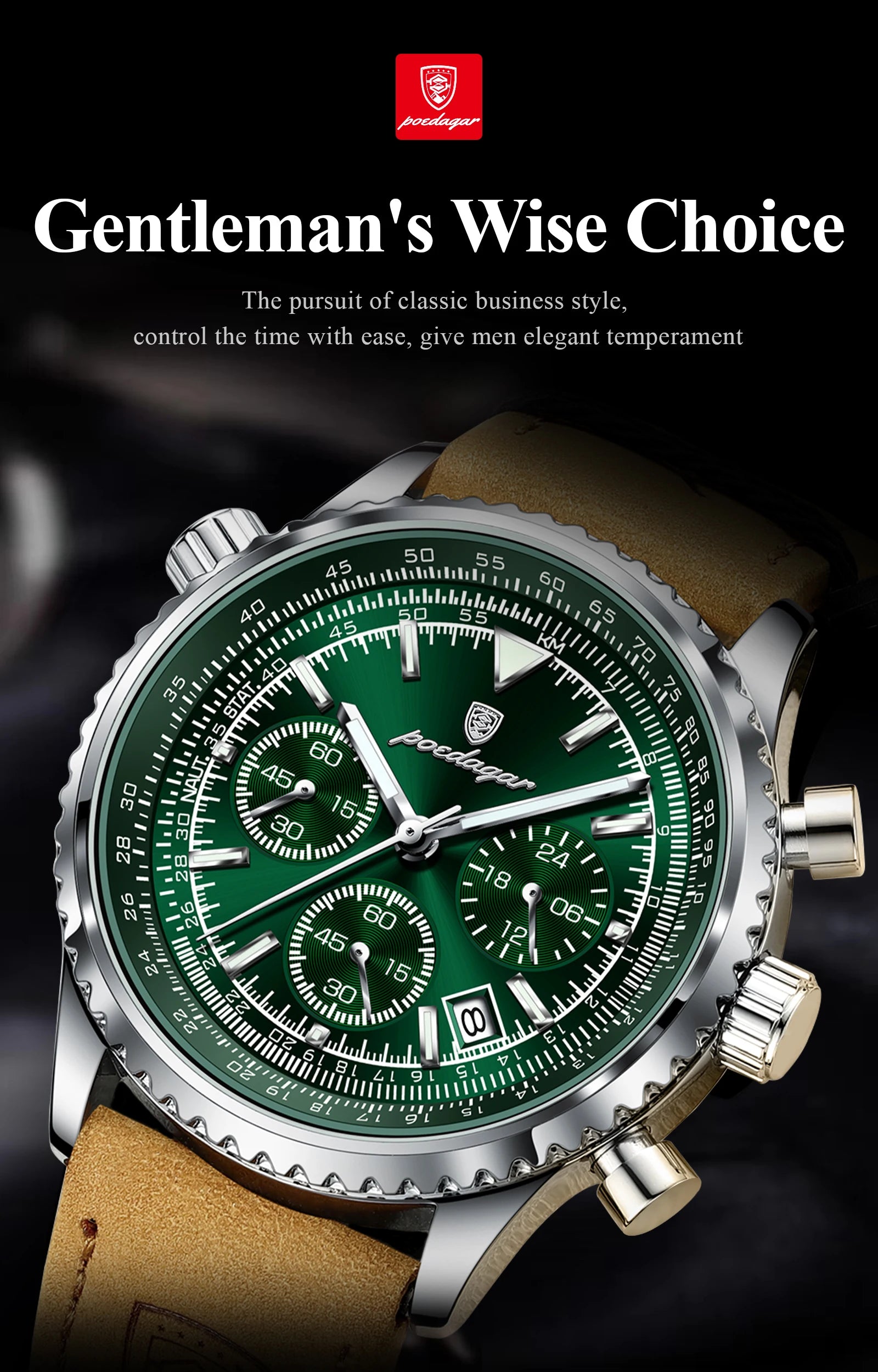 POEDAGAR Luxury Man Watch Quartz Waterproof Luminous Date Chronograph Leather