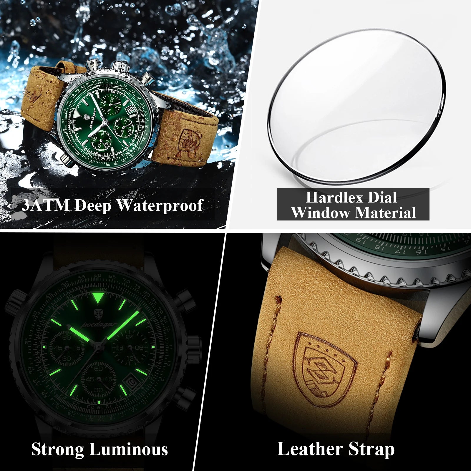 POEDAGAR Luxury Man Watch Quartz Waterproof Luminous Date Chronograph Leather