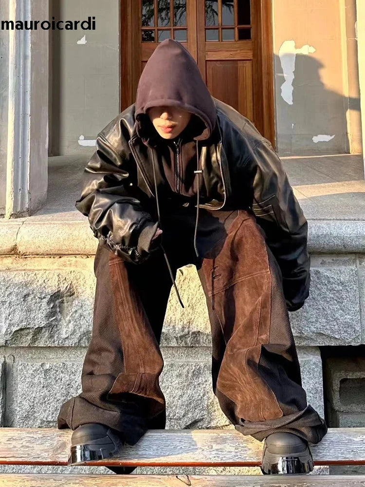 Mauroicardi Autumn Winter Oversized Cool Black Thickened Warm Pu Leather Bomber Jacket