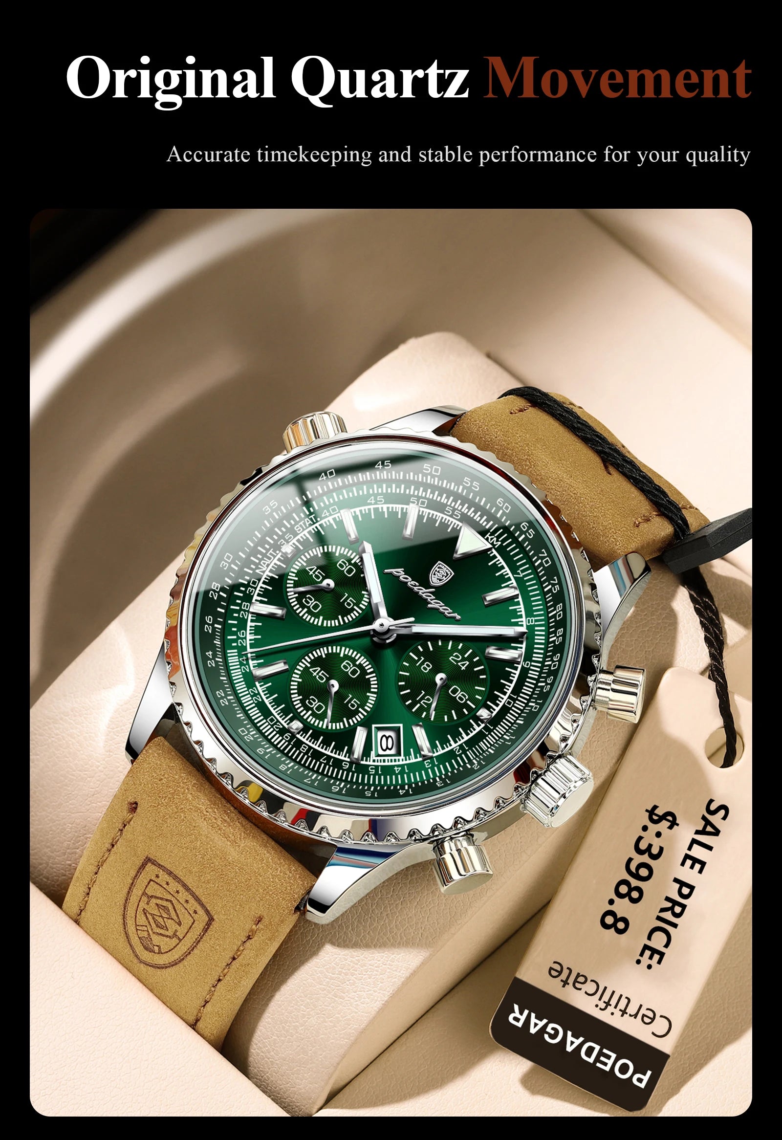 POEDAGAR Luxury Man Watch Quartz Waterproof Luminous Date Chronograph Leather