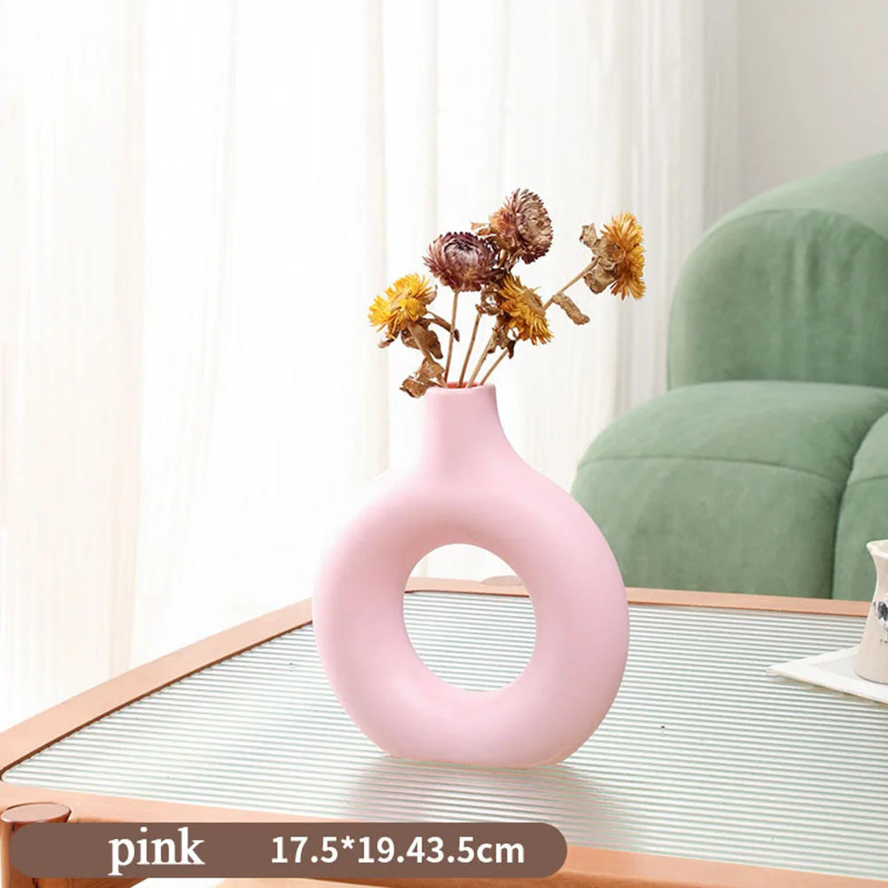 Donut Shape Flower Vase Oval Hollow Black Vases Fashion Home Living Room