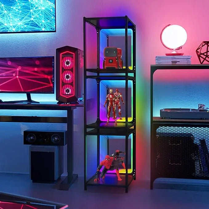 Storage Cabinet with LED Borderless Mirror Light, RGBW Display Cabinet, Adjustable Color Temperature