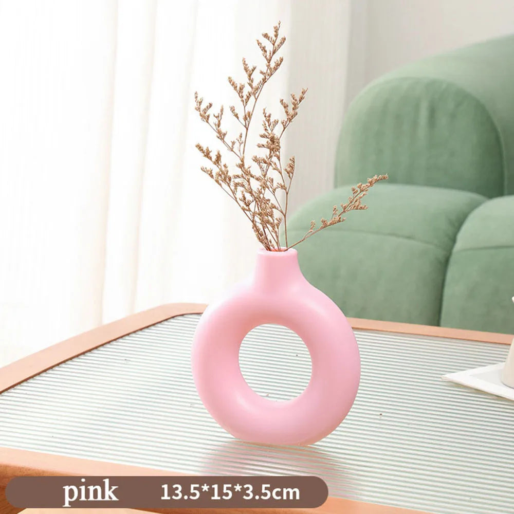 Donut Shape Flower Vase Oval Hollow Black Vases Fashion Home Living Room