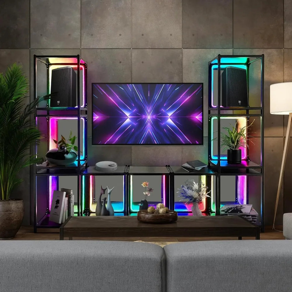 Storage Cabinet with LED Borderless Mirror Light, RGBW Display Cabinet, Adjustable Color Temperature