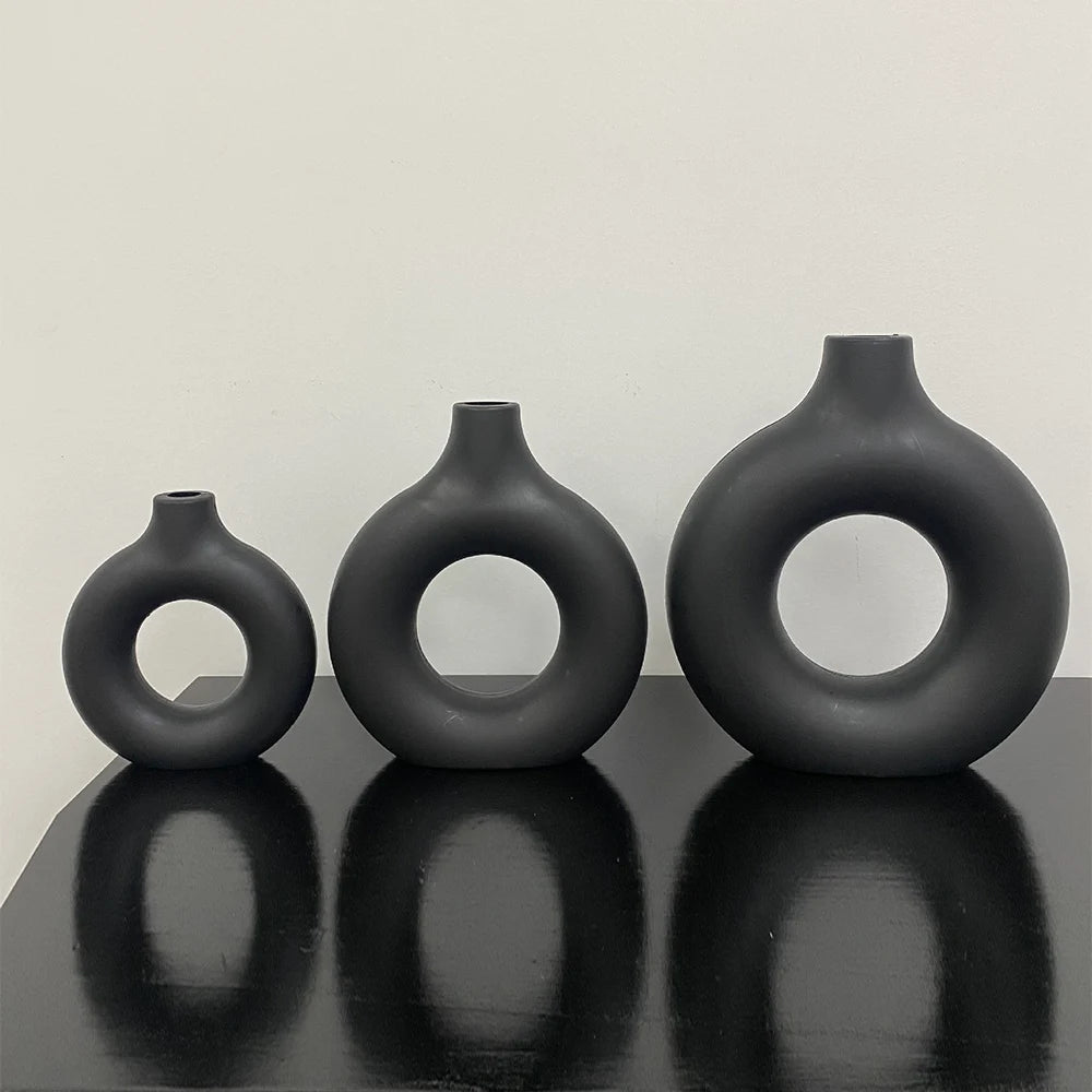 Donut Shape Flower Vase Oval Hollow Black Vases Fashion Home Living Room