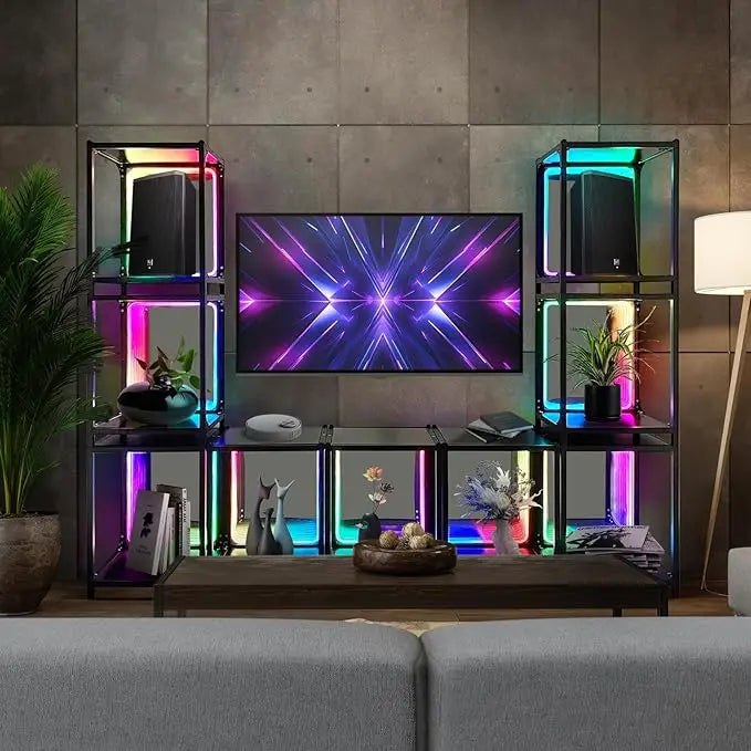 Storage Cabinet with LED Borderless Mirror Light, RGBW Display Cabinet, Adjustable Color Temperature