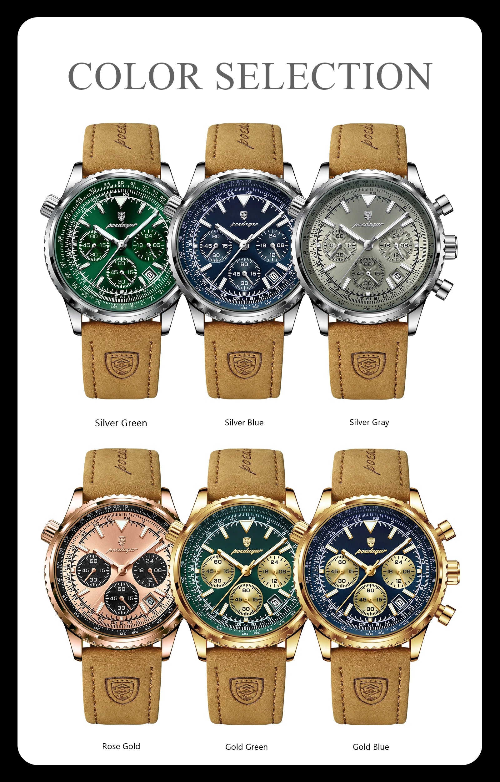 POEDAGAR Luxury Man Watch Quartz Waterproof Luminous Date Chronograph Leather