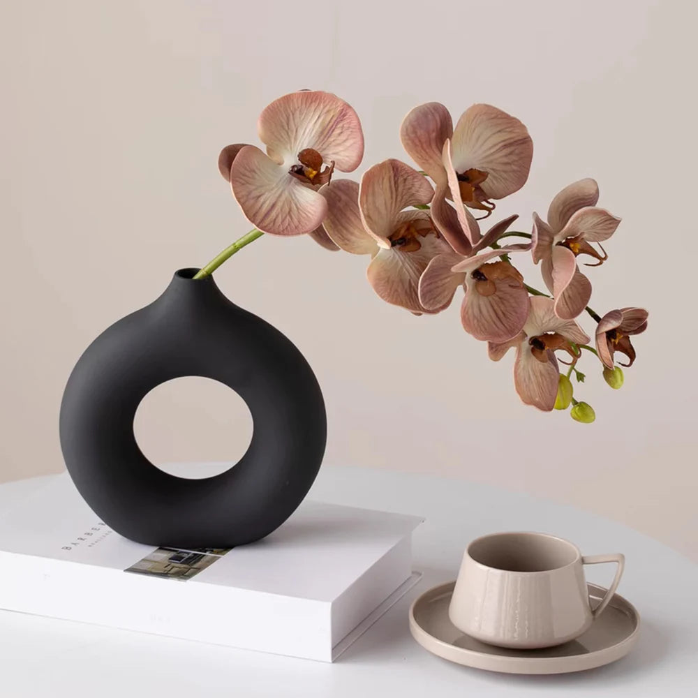 Donut Shape Flower Vase Oval Hollow Black Vases Fashion Home Living Room