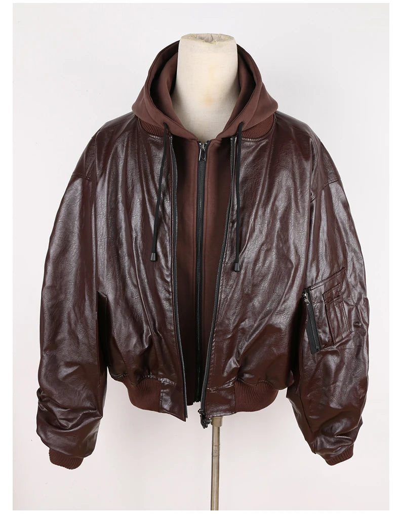 Mauroicardi Autumn Winter Oversized Cool Black Thickened Warm Pu Leather Bomber Jacket