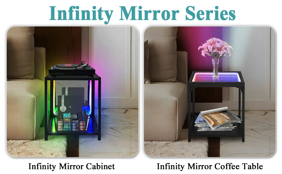 Storage Cabinet with LED Borderless Mirror Light, RGBW Display Cabinet, Adjustable Color Temperature