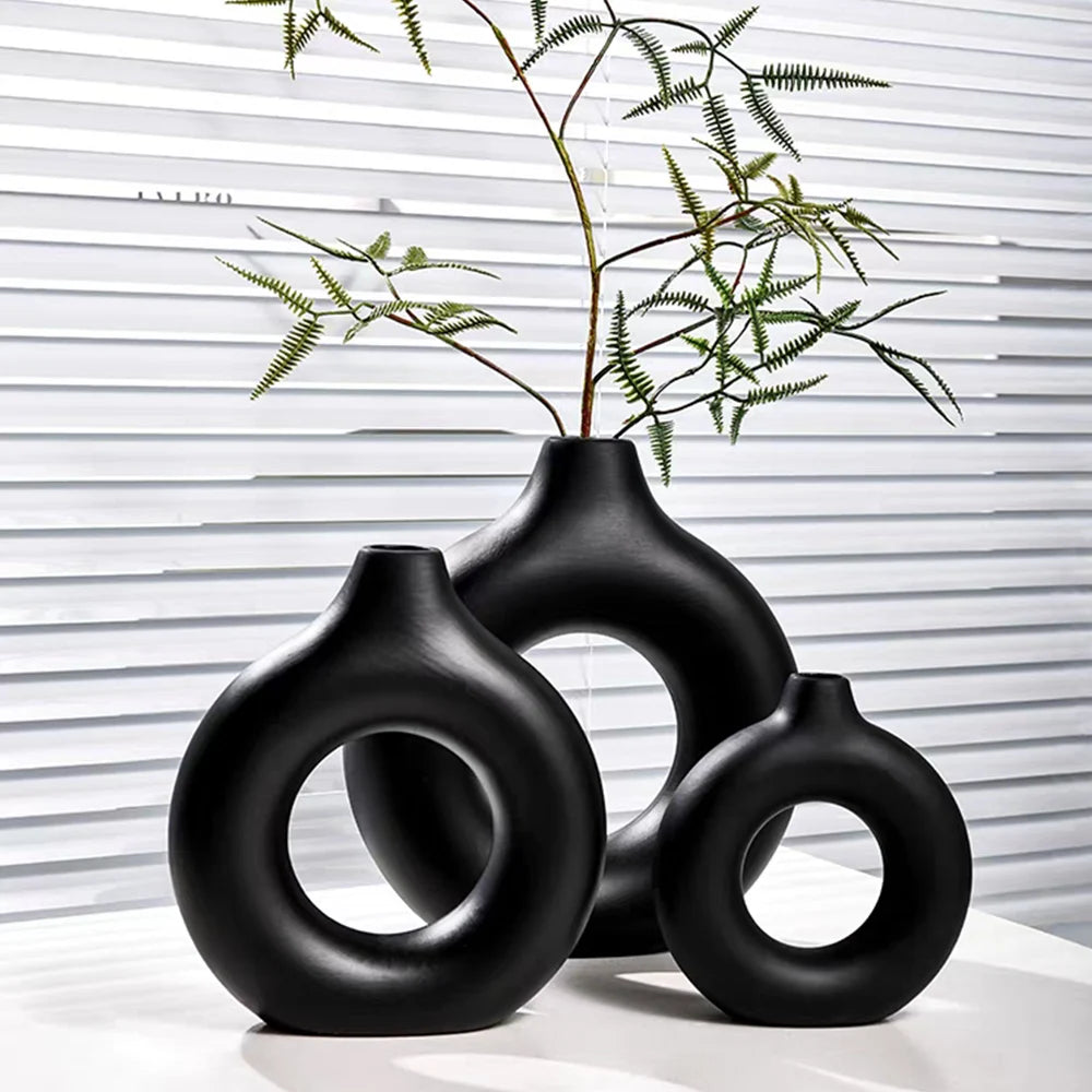 Donut Shape Flower Vase Oval Hollow Black Vases Fashion Home Living Room