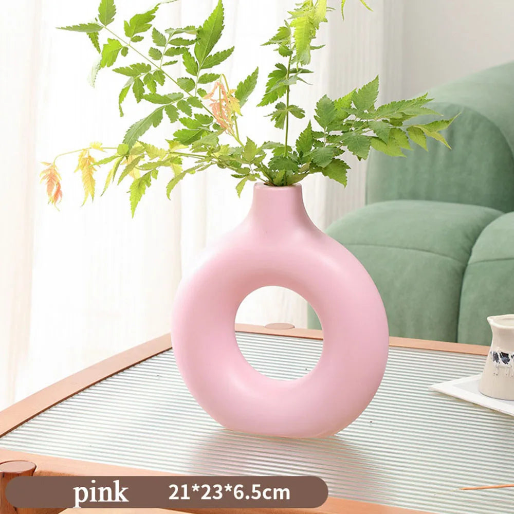 Donut Shape Flower Vase Oval Hollow Black Vases Fashion Home Living Room