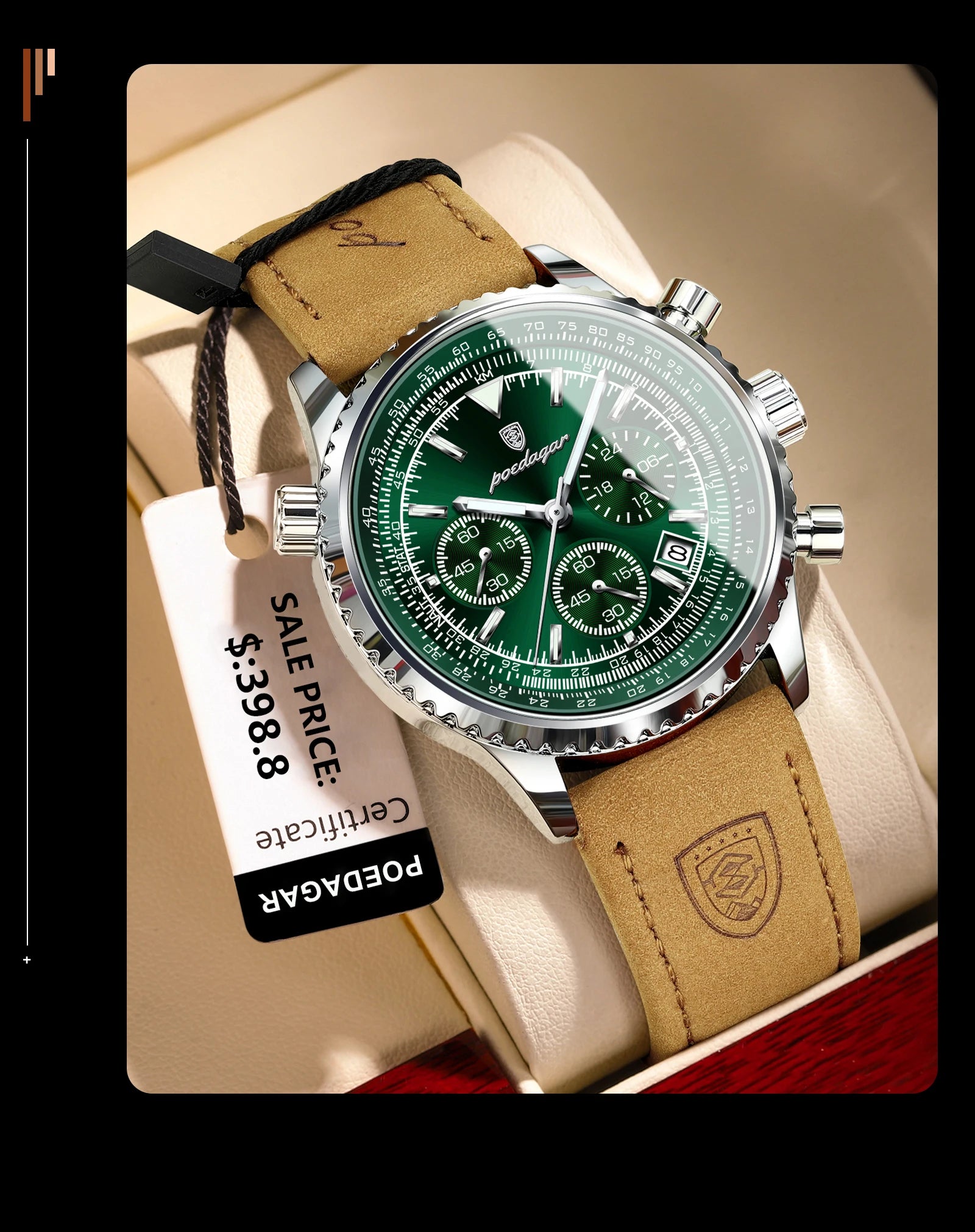 POEDAGAR Luxury Man Watch Quartz Waterproof Luminous Date Chronograph Leather