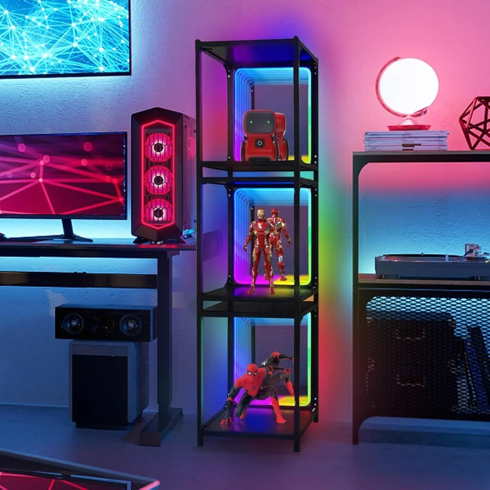 Storage Cabinet with LED Borderless Mirror Light, RGBW Display Cabinet, Adjustable Color Temperature