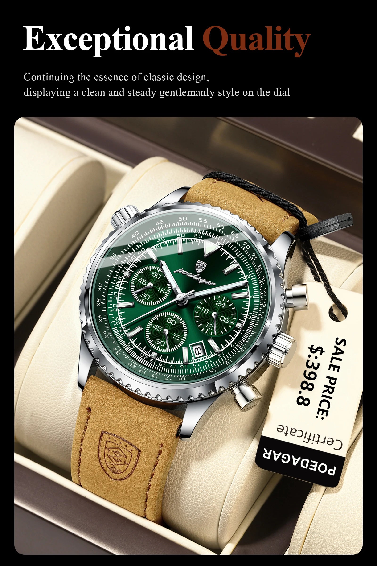 POEDAGAR Luxury Man Watch Quartz Waterproof Luminous Date Chronograph Leather